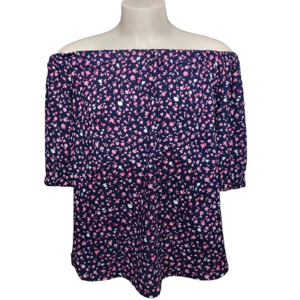 Michael Kors Blouse‎ Women's Size L Short Sleeve Elastic Collar Navy Blue Floral